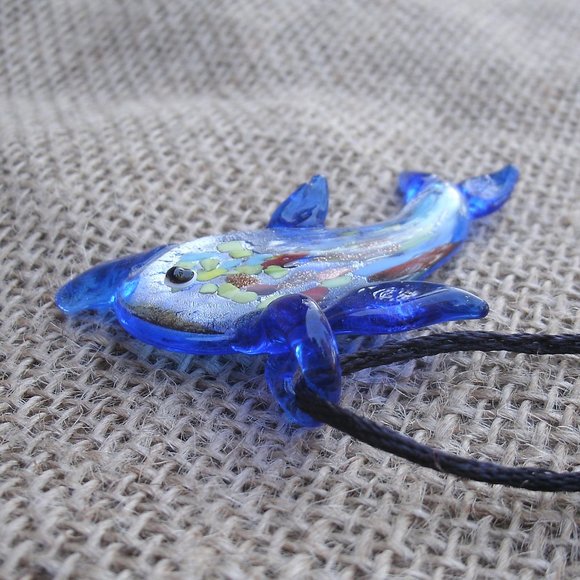 Murano Glass Blue Dolphin Pendant Necklace - Picture 5 of 15